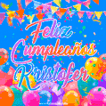 A vibrant animated GIF with 'Feliz Cumpleaños Kristofer' written in colorful script, surrounded by balloons, confetti, and bunting on a bright blue background.