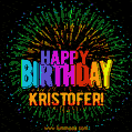 A colorful animated GIF featuring the text 'Happy Birthday Kristofer!' in rainbow colors with a dynamic iridescent firework display in the background.