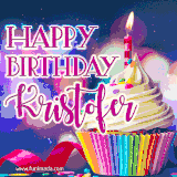 A festive animated GIF featuring a colorful cupcake with a single lit candle, sprinkles, and 'Happy Birthday Kristofer' text against a sparkling, celebratory background.