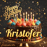 Gold Happy Birthday topper and glowing candles on a chocolate drip cake personalized for Kristofer.