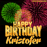 A captivating GIF with bursts of green, pink, and orange fireworks lighting up the night sky, accompanied by 'Happy Birthday Kristofer' in glowing golden text.