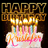 A vibrant animated GIF featuring a delicious birthday cake topped with glowing candles and the name 'Kristofer' in elegant script, and the words 'Happy Birthday' on the black background.
