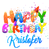 Animated GIF with colorful, festive 'Happy Birthday Kristofer' text decorated with patterns, a party hat, and falling confetti. A vibrant and cheerful design for birthday celebrations.