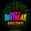 A colorful animated GIF featuring the text 'Happy Birthday Kristoff!' in rainbow colors with a dynamic iridescent firework display in the background.