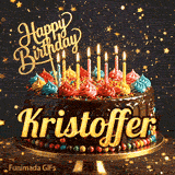 A rich chocolate frosted cake on a gold stand with glowing yellow candles, personalized with the name Kristoffer.
