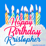 A cheerful animated GIF featuring colorful lit birthday candles on a white cake, with the text 'Happy Birthday Kristopher' in bold red and blue script on a bright blue background.