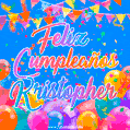 A vibrant animated GIF with 'Feliz Cumpleaños Kristopher' written in colorful script, surrounded by balloons, confetti, and bunting on a bright blue background.