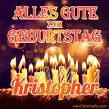 An animated GIF featuring 'Alles Gute Zum Geburtstag Kristopher' in glowing red and gold letters above a cake with colorful lit candles, set against a festive sparkling background.