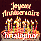 A Happy Birthday GIF in French featuring a festive birthday cake adorned with bright candles and the glowing text 'Joyeux Anniversaire Kristopher' in a cheerful style.