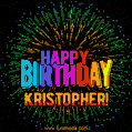 A colorful animated GIF featuring the text 'Happy Birthday Kristopher!' in rainbow colors with a dynamic iridescent firework display in the background.