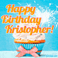 A cheerful animated GIF of a cupcake with creamy frosting, a red checkered ribbon, and a bright sparkler on top. The text 'Happy Birthday Kristopher!' is displayed in vibrant orange and red.