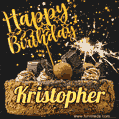 Celebrate Kristopher's birthday with a GIF featuring chocolate cake, a lit sparkler, and golden stars