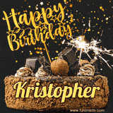Animated GIF featuring the text 'Happy Birthday Kristopher' written in glittering gold above the luxurious chocolate birthday cake adorned with truffles, gold stars, and sparklers.