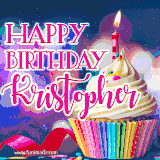 A festive animated GIF featuring a colorful cupcake with a single lit candle, sprinkles, and 'Happy Birthday Kristopher' text against a sparkling, celebratory background.