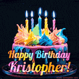 A vibrant animated GIF featuring a colorful rotating birthday cake with bright frosting swirls, glowing candles, and the text 'Happy Birthday Kristopher!' in rainbow colors.