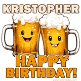 Animated GIF with name Kristopher featuring two smiling beer mugs with frothy tops, toasting in celebration. The text reads 'Kristopher, Happy Birthday!' in bold letters.