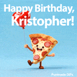 A cheerful pizza character with a heart balloon on a light blue background for Kristopher