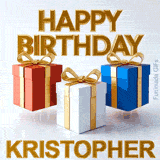 Classic and bold Happy Birthday Kristopher animated message accompanied by three bouncing gift boxes designed perfectly for a masculine birthday greeting
