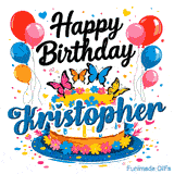 Close-up of a decorative white drip cake with the name Kristopher and bright butterflies, featured on an animated card.