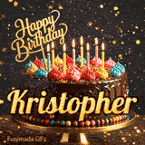 Animated chocolate cake for Kristopher's birthday with colorful whipped cream, burning candles, and a gold Happy Birthday topper.