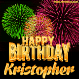 A captivating GIF with bursts of green, pink, and orange fireworks lighting up the night sky, accompanied by 'Happy Birthday Kristopher' in glowing golden text.
