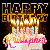 A vibrant animated GIF featuring a delicious birthday cake topped with glowing candles and the name 'Kristopher' in elegant script, and the words 'Happy Birthday' on the black background.