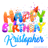 Animated GIF with colorful, festive 'Happy Birthday Kristopher' text decorated with patterns, a party hat, and falling confetti. A vibrant and cheerful design for birthday celebrations.