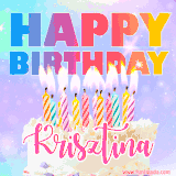 A vibrant animated name GIF with the words 'Happy Birthday Krisztina' with colorful candles on a creamy cake. The background sparkles with pastel shades, adding a festive touch.