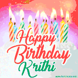 Bright birthday candles with rainbow flames on a cake, alongside the text 'Happy Birthday Krithi' in vibrant script in this celebratory animated GIF.