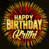 Golden 'Happy Birthday Krithi' text accompanied by animated rainbow fireworks for a festive animated greeting.