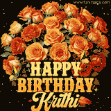 Animated bouquet of orange roses with moving butterfles and golden 'Happy Birthday Krithi' text, surrounded by sparkling accents and a dark backdrop for a luxurious feel.