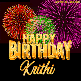 A golden 'Happy Birthday Krithi' message with vibrant fireworks in the background, creating a festive and celebratory vibe in this animated name GIF.