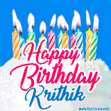 A cheerful animated GIF featuring colorful lit birthday candles on a white cake, with the text 'Happy Birthday Krithik' in bold red and blue script on a bright blue background.