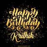 Animated GIF with colorful, festive 'Happy Birthday Krithik' text decorated with patterns, a party hat, and falling confetti. A vibrant and cheerful design for birthday celebrations.
