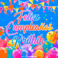 A vibrant animated GIF with 'Feliz Cumpleaños Krithik' written in colorful script, surrounded by balloons, confetti, and bunting on a bright blue background.