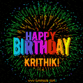 A colorful animated GIF featuring the text 'Happy Birthday Krithik!' in rainbow colors with a dynamic iridescent firework display in the background.