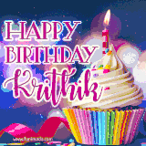 A festive animated GIF featuring a colorful cupcake with a single lit candle, sprinkles, and 'Happy Birthday Krithik' text against a sparkling, celebratory background.