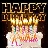 A vibrant animated GIF featuring a delicious birthday cake topped with glowing candles and the name 'Krithik' in elegant script, and the words 'Happy Birthday' on the black background.