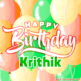 Animated GIF featuring colorful balloons in the background with the cheerful text 'Happy Birthday Krithik'.