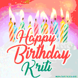 Bright birthday candles with rainbow flames on a cake, alongside the text 'Happy Birthday Kriti' in vibrant script in this celebratory animated GIF.