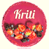 Beautifully decorated red velvet berry birthday cake with vibrant fruits and a glowing 'Kriti' name, adding a touch of sweetness and sparkle.