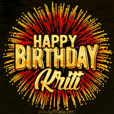 Golden 'Happy Birthday Kriti' text accompanied by animated rainbow fireworks for a festive animated greeting.