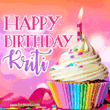 A vibrant birthday GIF featuring a rainbow-colored cupcake topped with white frosting, sprinkles, and a lit candle. The text reads 'Happy Birthday Kriti' in bold pink and violet letters with white outline.