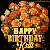 Animated bouquet of orange roses with moving butterfles and golden 'Happy Birthday Kriti' text, surrounded by sparkling accents and a dark backdrop for a luxurious feel.
