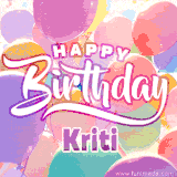A vibrant name GIF featuring colorful balloons in shades of pink, orange, and yellow with the bold text 'Happy Birthday Kriti' in festive fonts, creating a lively birthday vibe.