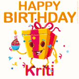 A vibrant and funny gift box character with a happy face dancing with a cupcake and the text 'Happy Birthday Kriti,' surrounded by animated confetti and party vibes.