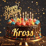 Flickering candles of different colors on top of a chocolate glaze cake with Kross's name in elegant writing.