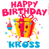 A funny animated birthday GIF with the words 'Happy Birthday Krossa', colorful gift box with arms and legs, holding a cupcake with a lit candle  with confetti everywhere.