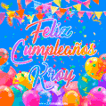 A vibrant animated GIF with 'Feliz Cumpleaños Kroy' written in colorful script, surrounded by balloons, confetti, and bunting on a bright blue background.