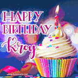 A festive animated GIF featuring a colorful cupcake with a single lit candle, sprinkles, and 'Happy Birthday Kroy' text against a sparkling, celebratory background.